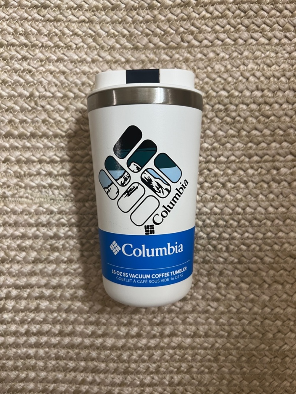 Columbia White Travel Tumbler with Blue Accent and Multicolor Logo